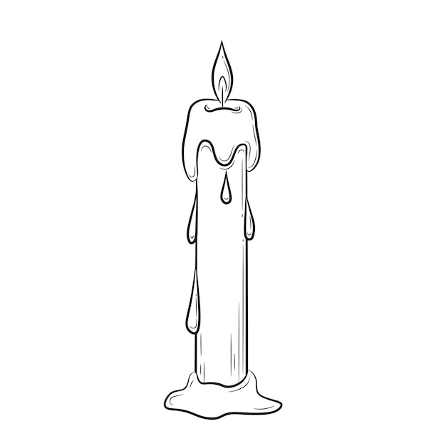 Hand-drawn elongated wax candle. Burning candle with melting wax and dripping drops.