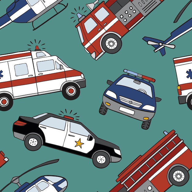 Hand drawn emergency cars seamless vector pattern.