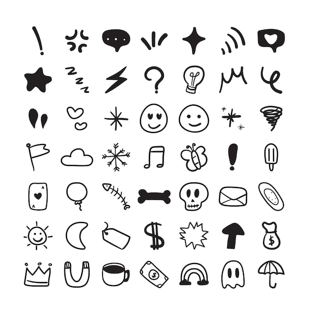 Hand drawn emoji symbol icon Black Such as stars hearts silver crown sun