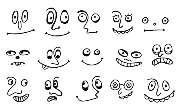 Hand drawn emojis faces. expressive eyes and mouth, smiling, crying and surprised character face expressions. caricature comic emotions or emoticon doodle. isolated vector illustration icons set