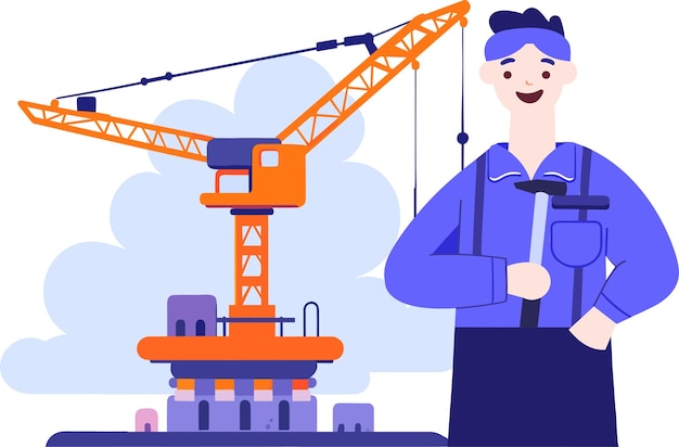 Hand drawn engineer or architect with building under construction in flat style isolated on background