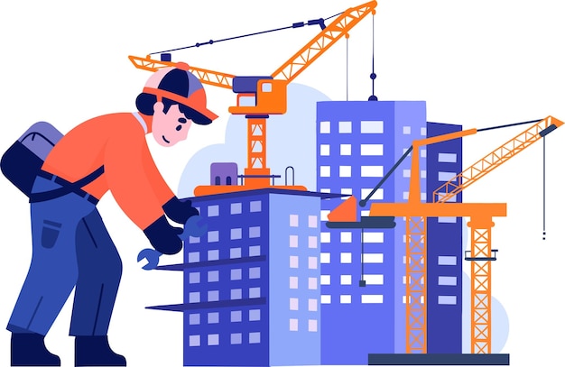 Vector hand drawn engineer or architect with building under construction in flat style isolated on background