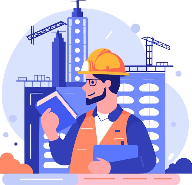 Hand Drawn Engineer or architect with house under construction in flat style isolated on background