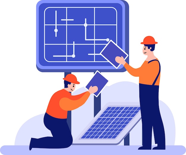 Vector hand drawn engineer installing solar cells in flat style isolated on background