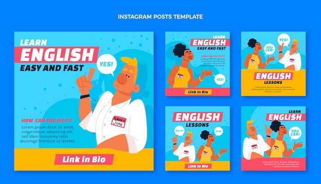 Vettore post di instagram di lezioni di inglese disegnate a mano