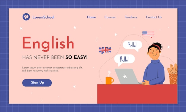 Vector hand drawn english school landing page