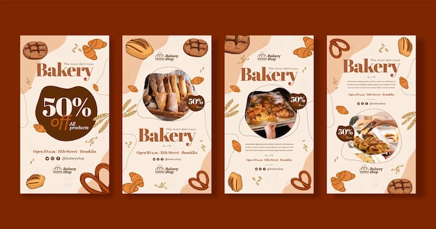 Vector hand drawn engraved bakery instagram stories