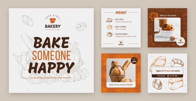 Vector hand drawn engraving bakery shop instagram posts