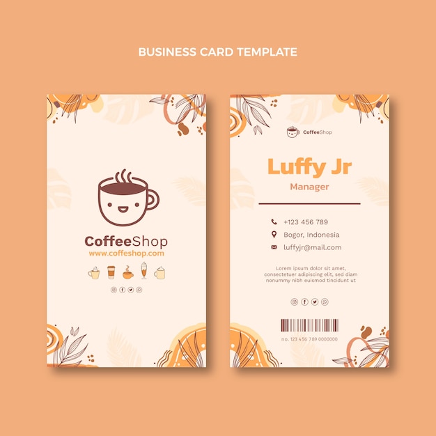 Vector hand drawn engraving coffee shop business card vertical