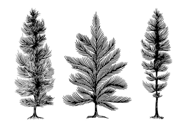 Hand drawn engraving pen and ink pine trees collection Vintage vector illustration