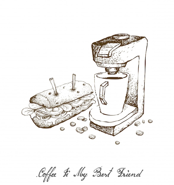 Hand Drawn of Espresso Coffee Machine with Baguette Sandwich