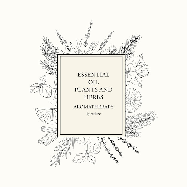 Hand drawn essential oil plants frame