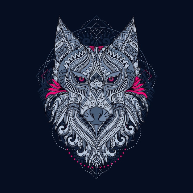 Vector hand drawn ethnic wolf head illustration dark background