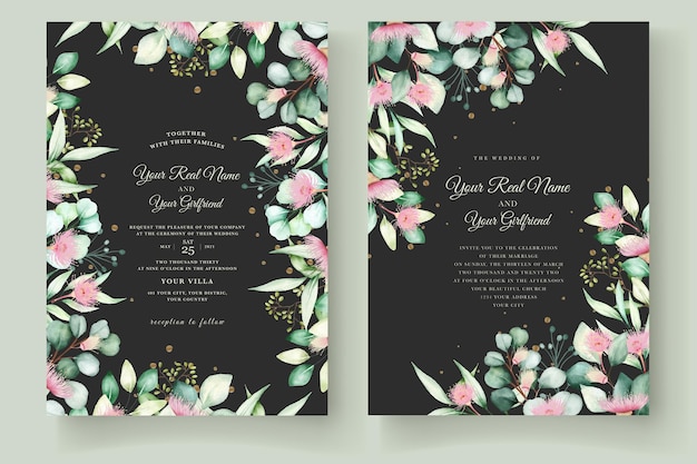 Hand drawn eucalyptus flower and leaves invitation card set