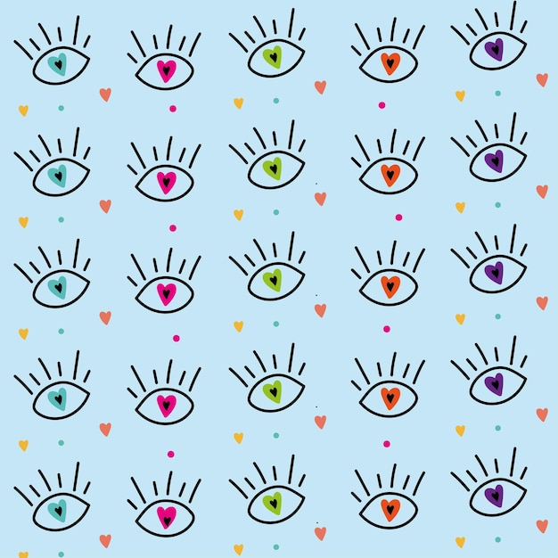 Hand drawn eye doodles seamless pattern with blue background vector illustration