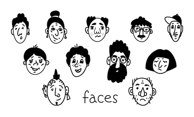 Hand drawn faces Faces of different peoples Human cartoon face Doodle illustration