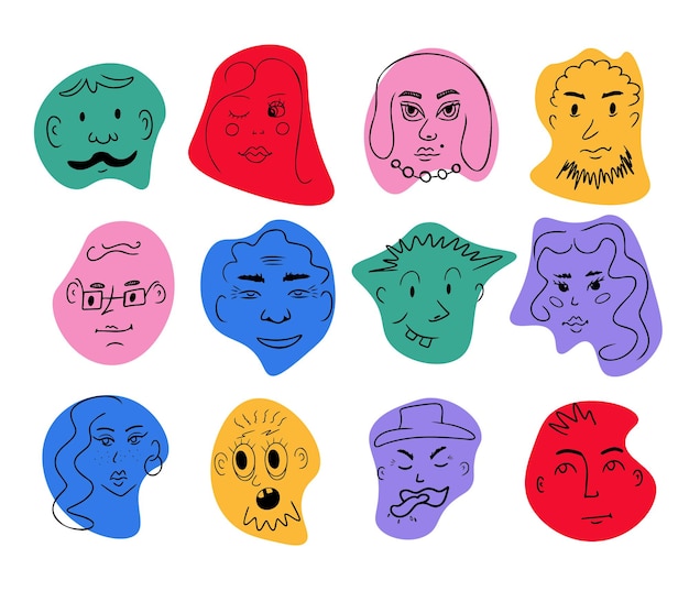 Facce disegnate a mano con diverse emozioni donne uomini vettor in stile doodle isolato su bianco