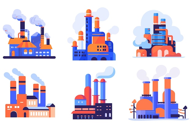 Hand drawn factories with pollution and smoke in flat style isolated on background