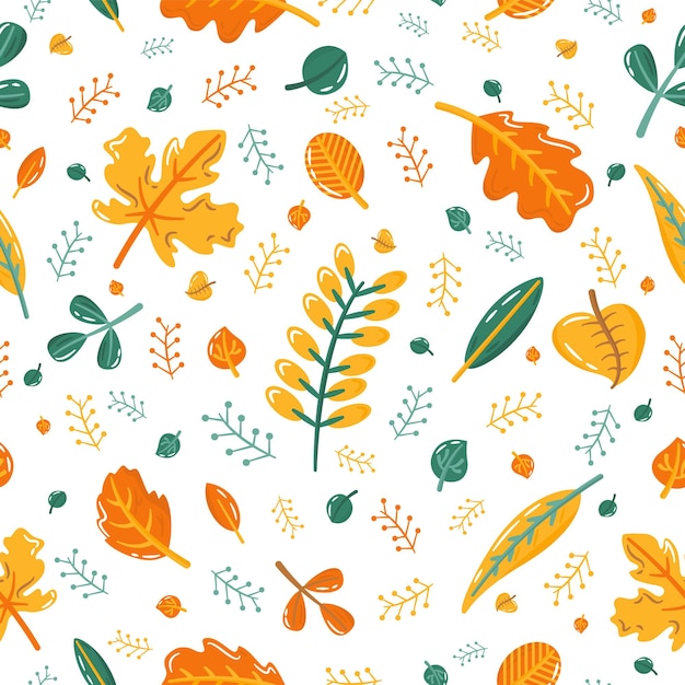 Hand drawn fall leaves vector seamless pattern Autumn yellow orange and green foliage