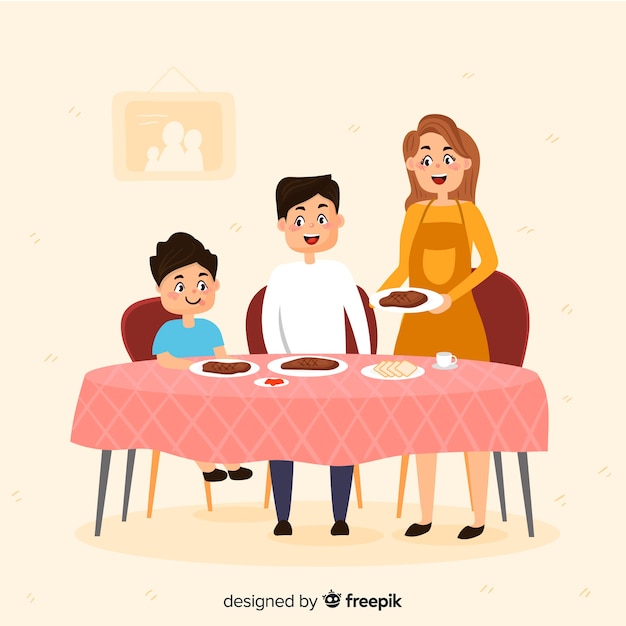 Famiglia disegnata a mano intorno al tavolo