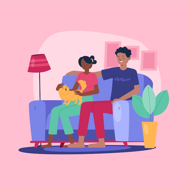 Vector hand drawn family with pets illustration