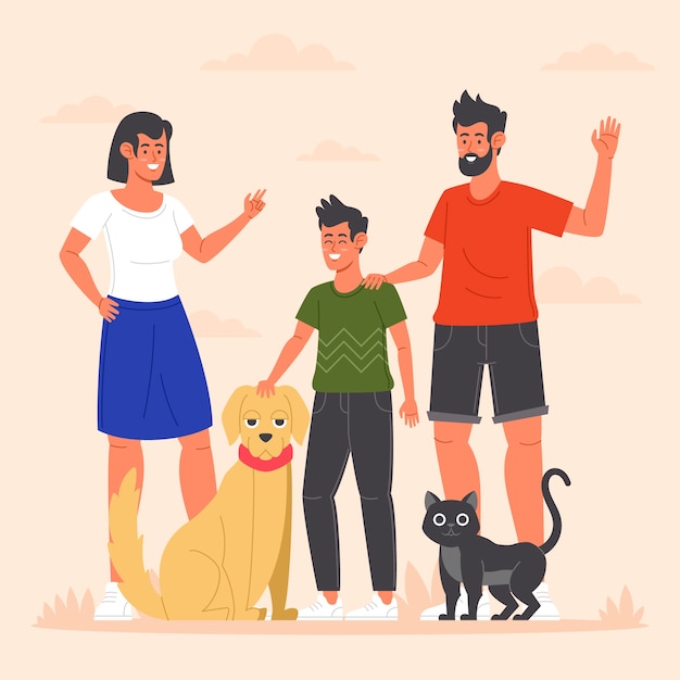 Famiglia disegnata a mano con illustrazione di animali domestici