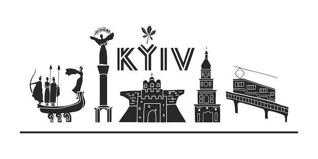 Attrazioni famose e simboli di kiev disegnati a mano. popolari edifici e monumenti ucraini