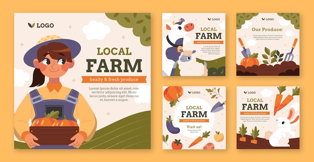 Vector hand drawn farming lifestyle instagram posts