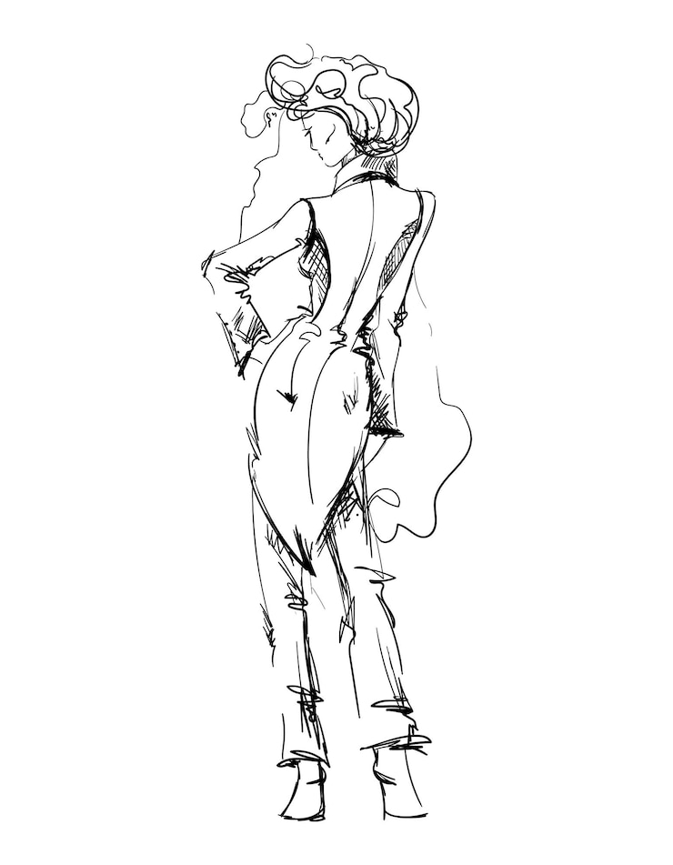 Vector hand drawn fashion lady woman model one line sketch girl in tailcoat or suit beauty outline figure