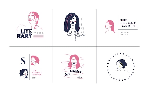 Insieme di modelli di logo donna moda disegnata a mano. illustrazione di vettore di stile di doodle.