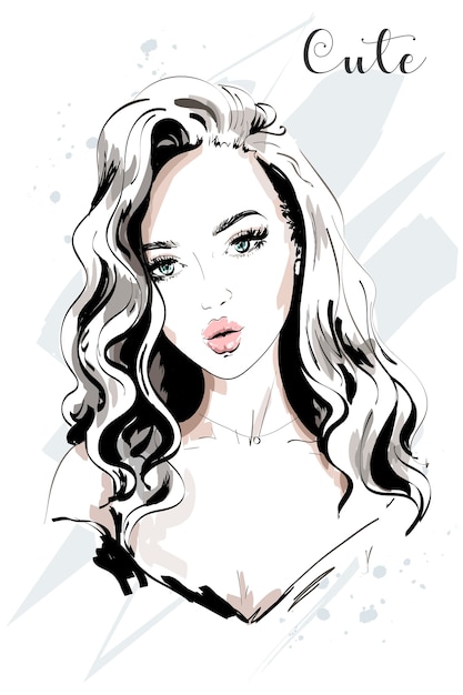 Hand drawn fashion woman with long hair.