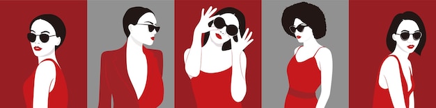 Vector hand drawn fashion women in sunglasses illustration vector set