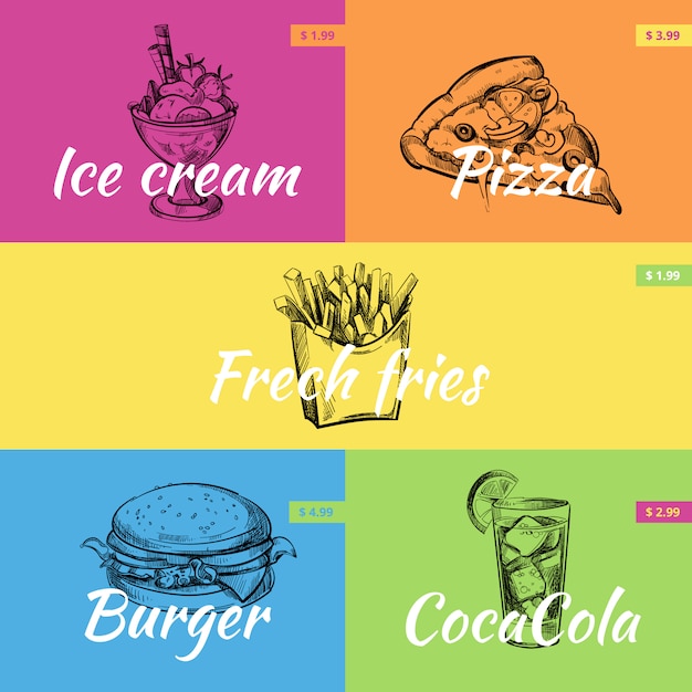 Collezione di banner fast food disegnati a mano