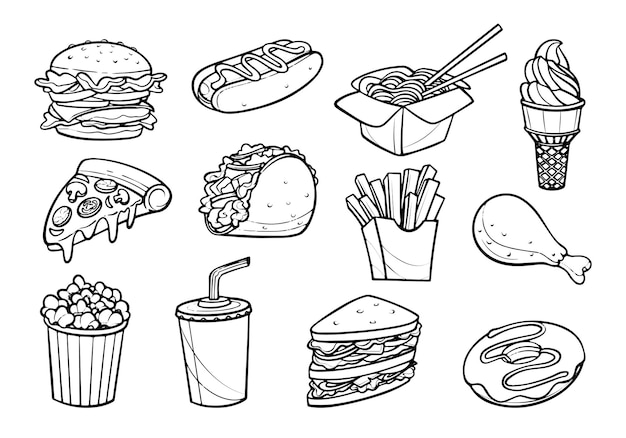 Hand drawn fast food and beverage in doodle style