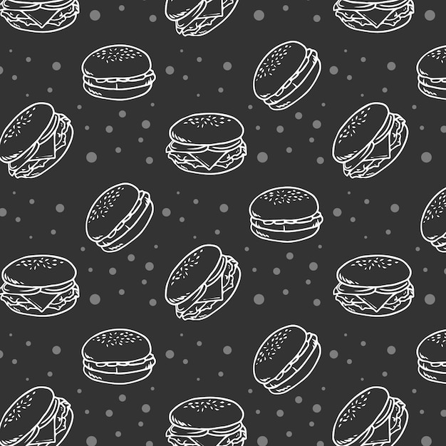 Hand drawn fast food burger seamless pattern on chalkboard with doodle style