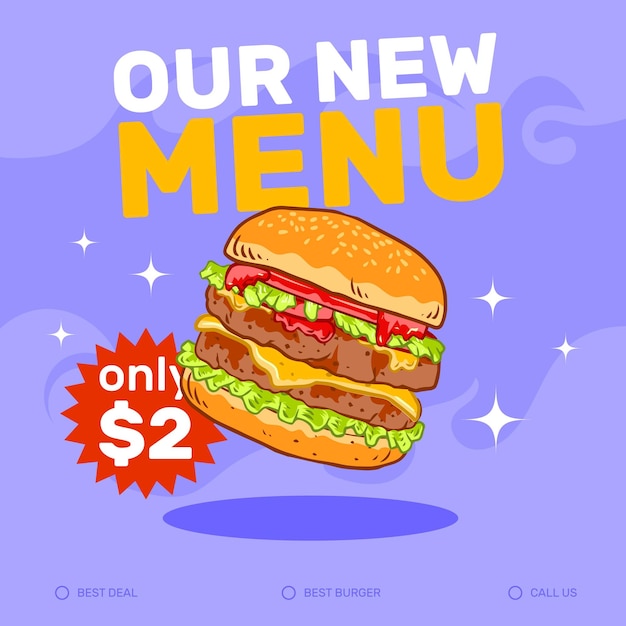 Hand drawn fast food burger social media template