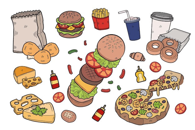 Vettore collezione di fast food disegnata a mano in stile piatto per idee imprenditoriali