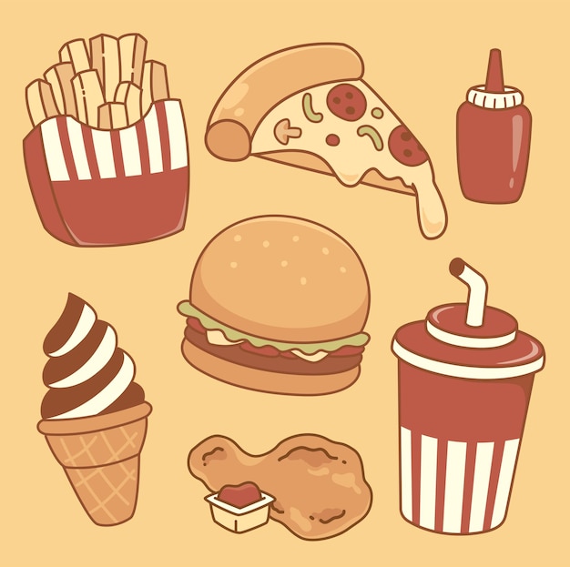 Fast food disegnato a mano e bevande in stile cartone animato kawaii