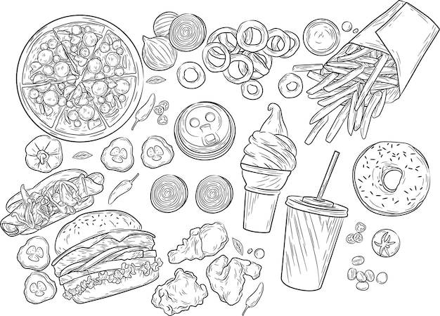 Vector hand drawn fast food elements