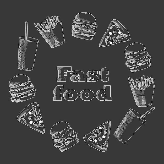 Hand drawn fast food illustration. Soda pizza burger and french fries drawing. Round frame