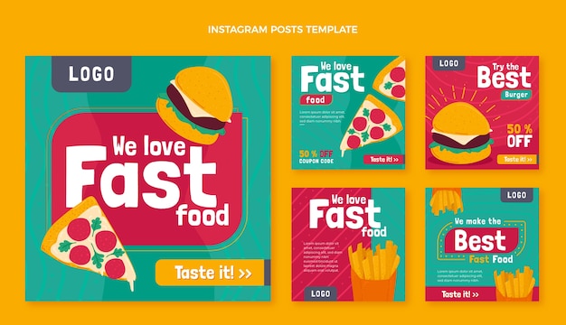 Vector hand drawn fast food instagram posts