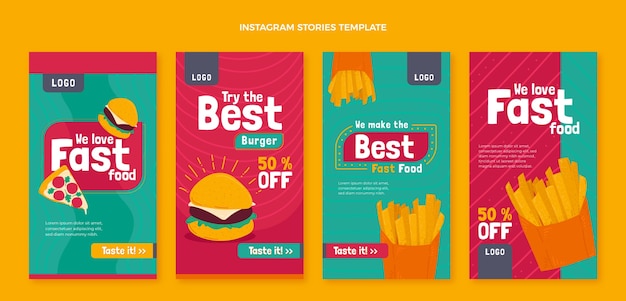 Vector hand drawn fast food instagram stories