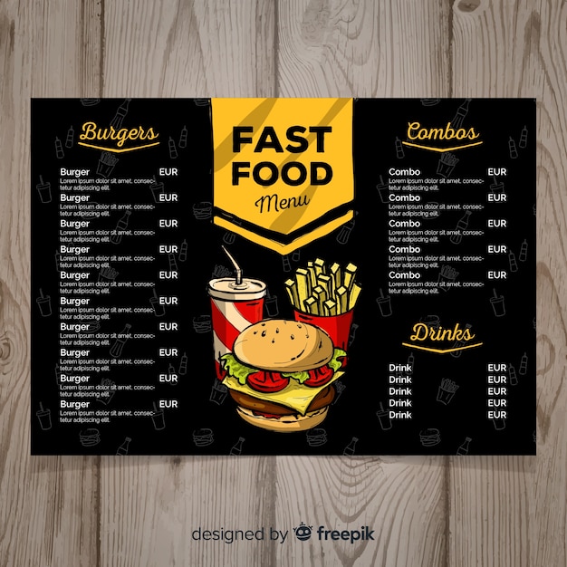 Modello di menu di fast food disegnato a mano