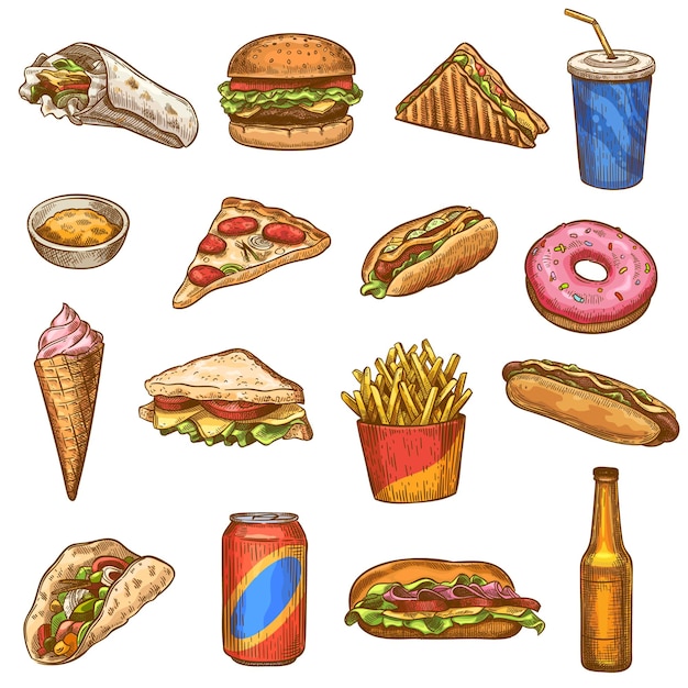 Hand drawn fast food set