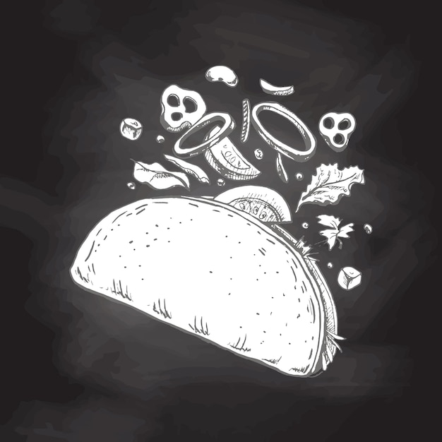 Hand drawn fast food sketch of taco with flying ingredients isolated on chalkboard background