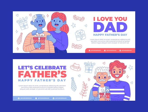 Hand drawn father's day horizontal banners pack