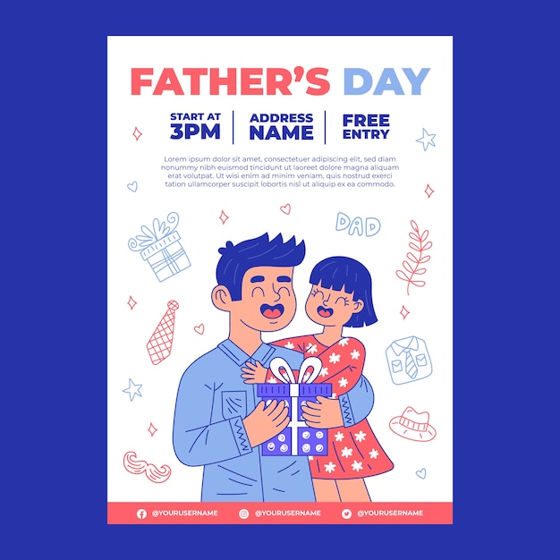 Modello di poster verticale per la festa del papà disegnato a mano