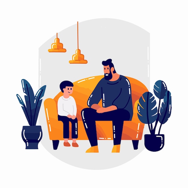 Hand Drawn father talking to son on the sofa in flat style