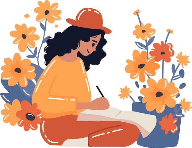 Hand Drawn Female artist sitting and drawing at the flower garden in flat style