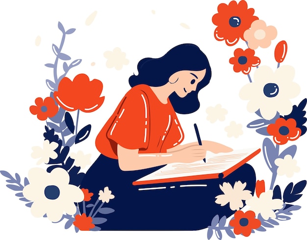 Hand drawn female artist sitting and drawing at the flower garden in flat style